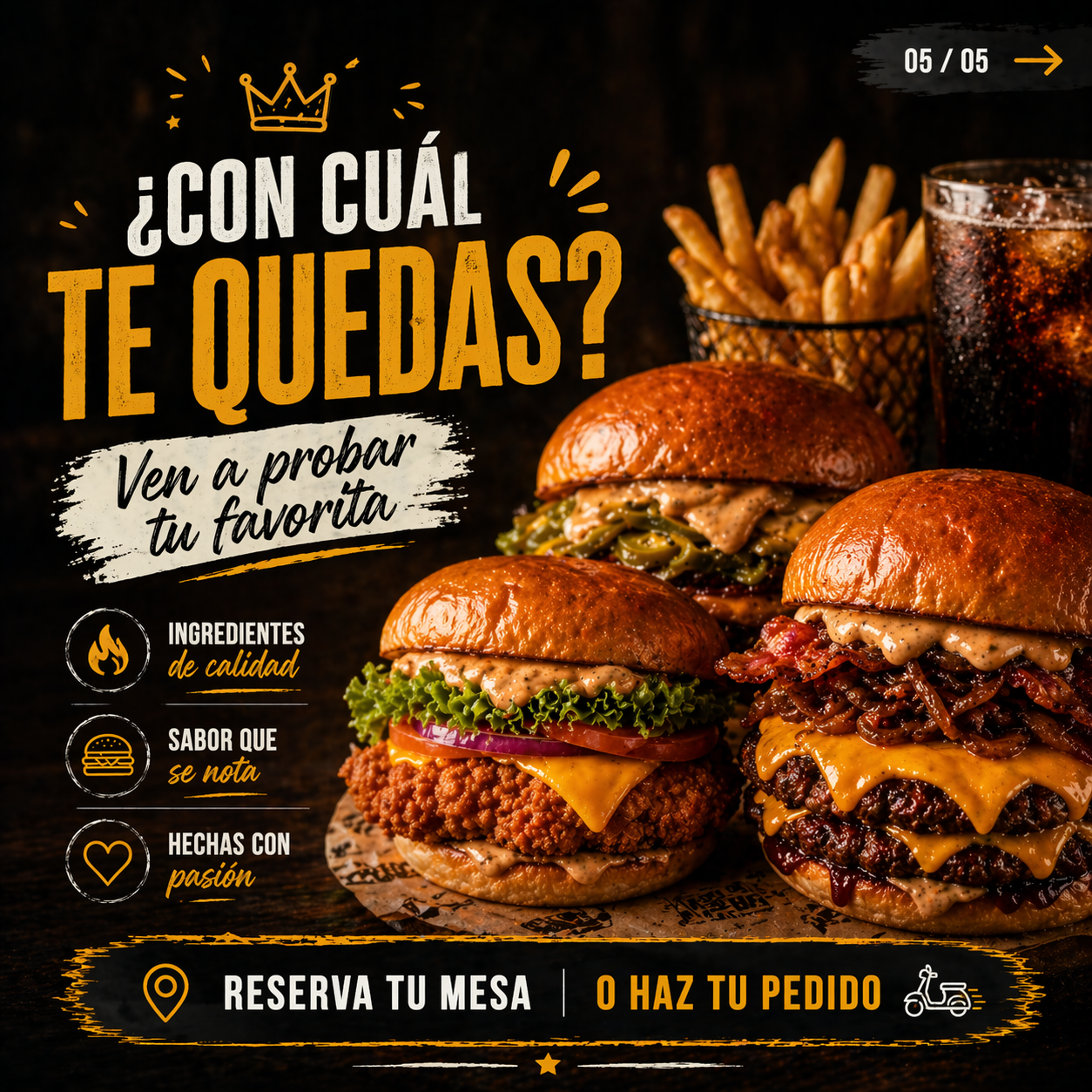 Publicación de Instagram para hamburguesería con llamada a reserva o pedido