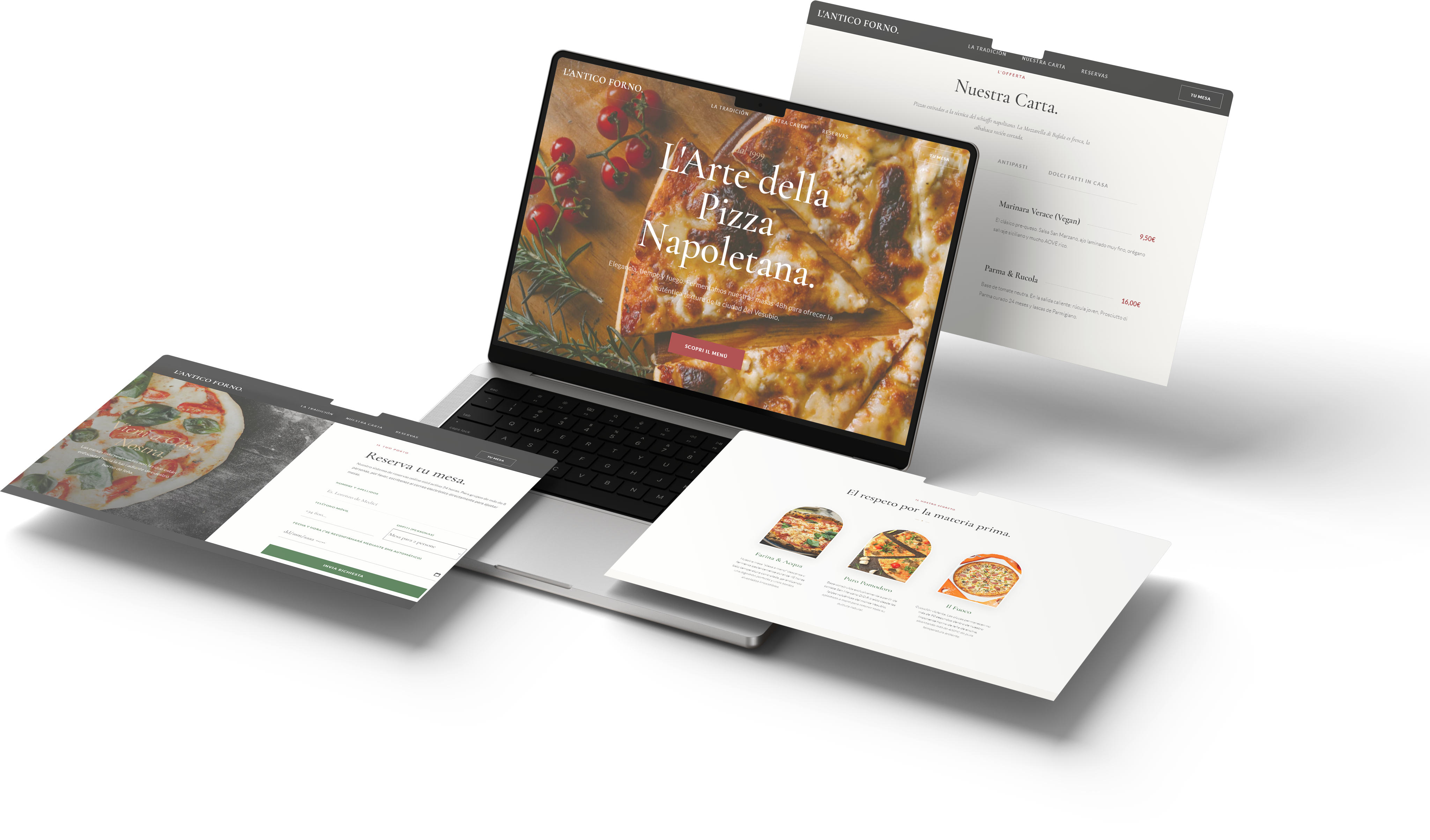 Mockup de presencia digital para restaurante con web, reservas y piezas visuales