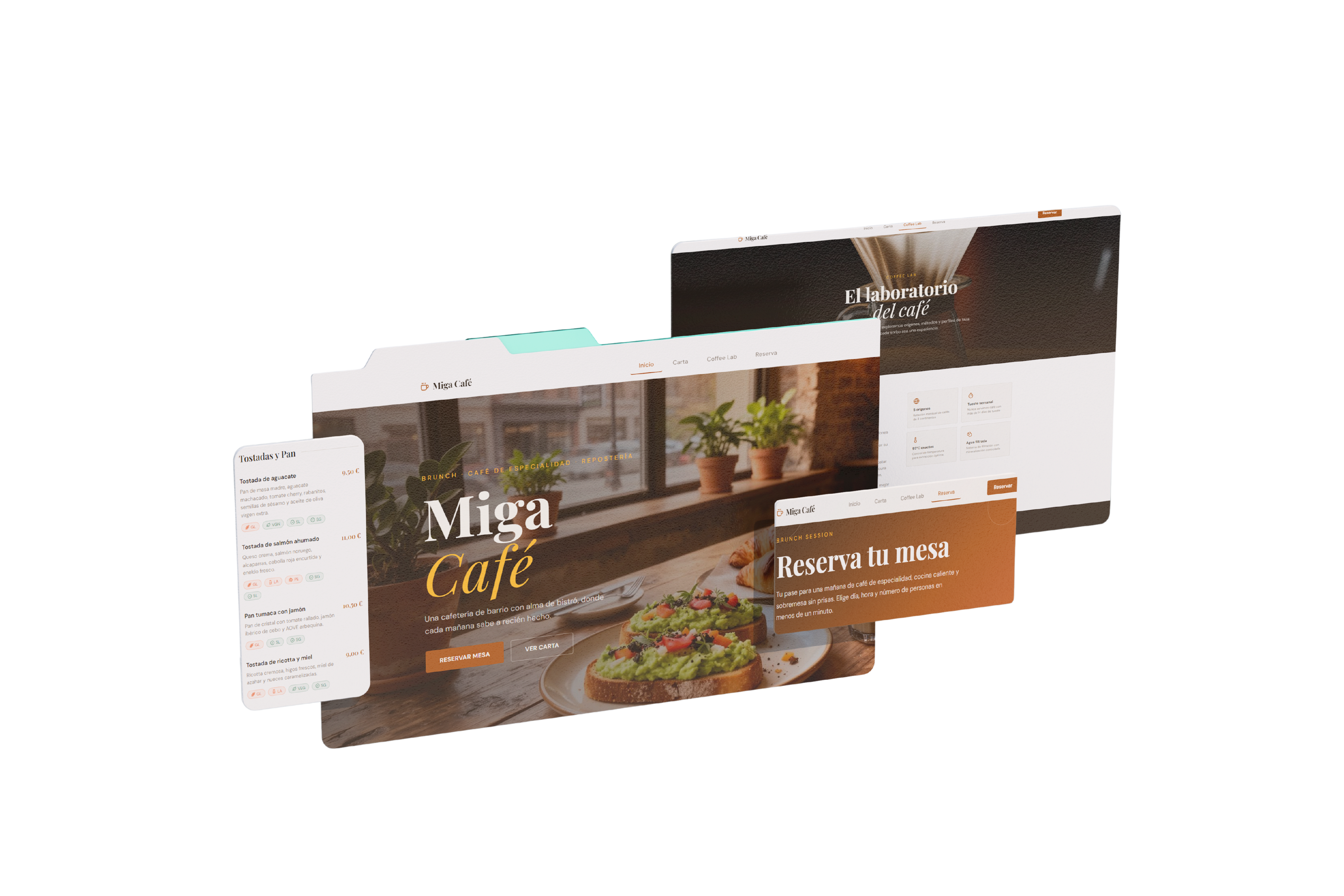 Mockup visual premium de demo para cafetería con vista web y reserva