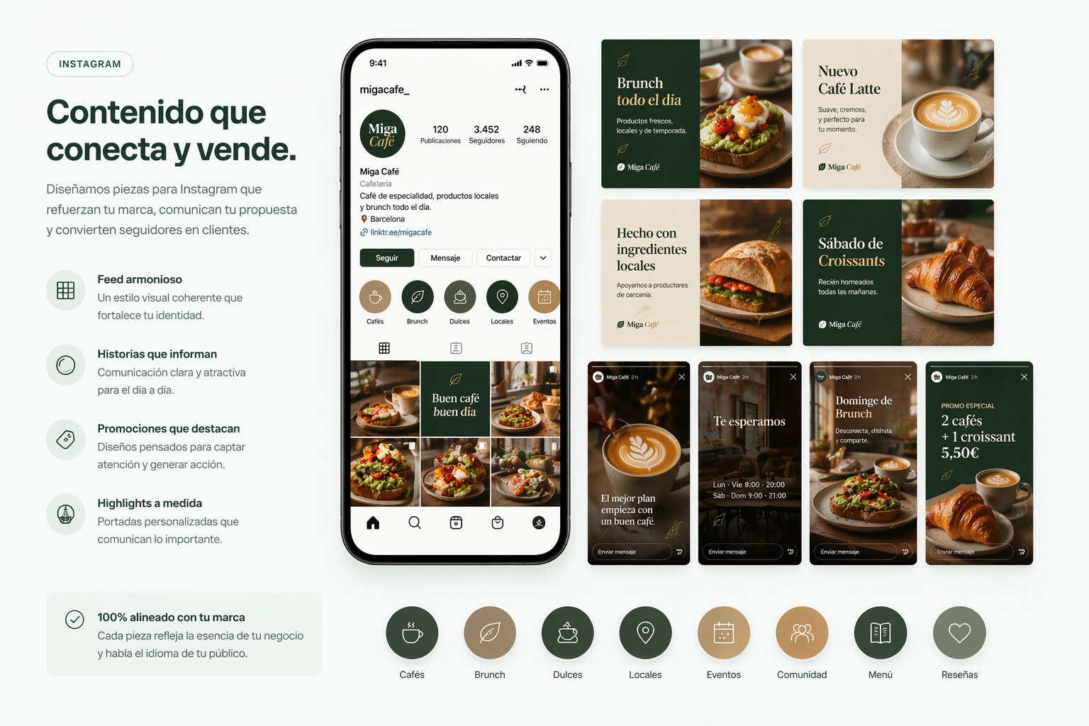 Composición de Instagram con feed, stories y publicaciones para cafetería