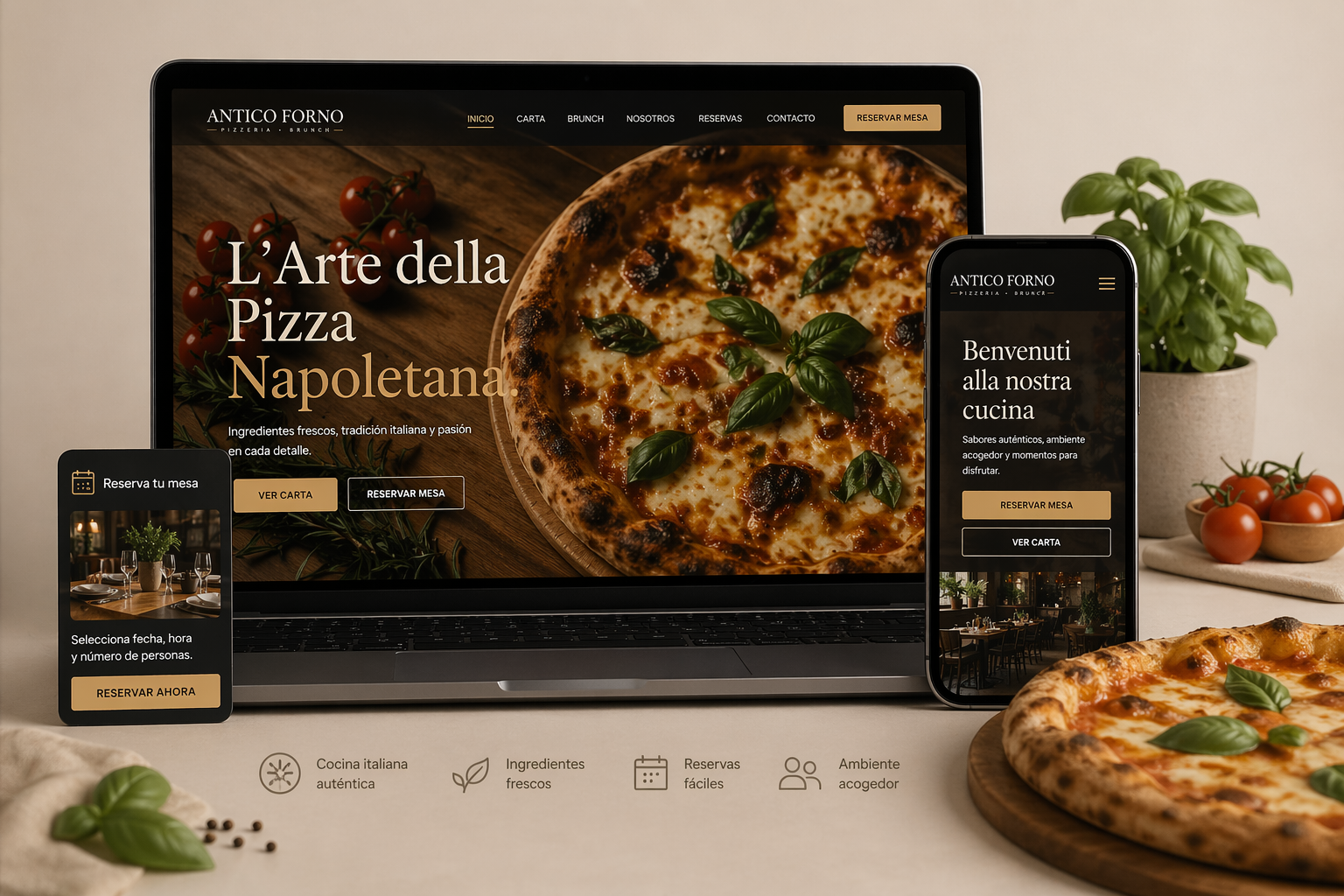 Mockup principal Antico Forno en desktop y móvil
