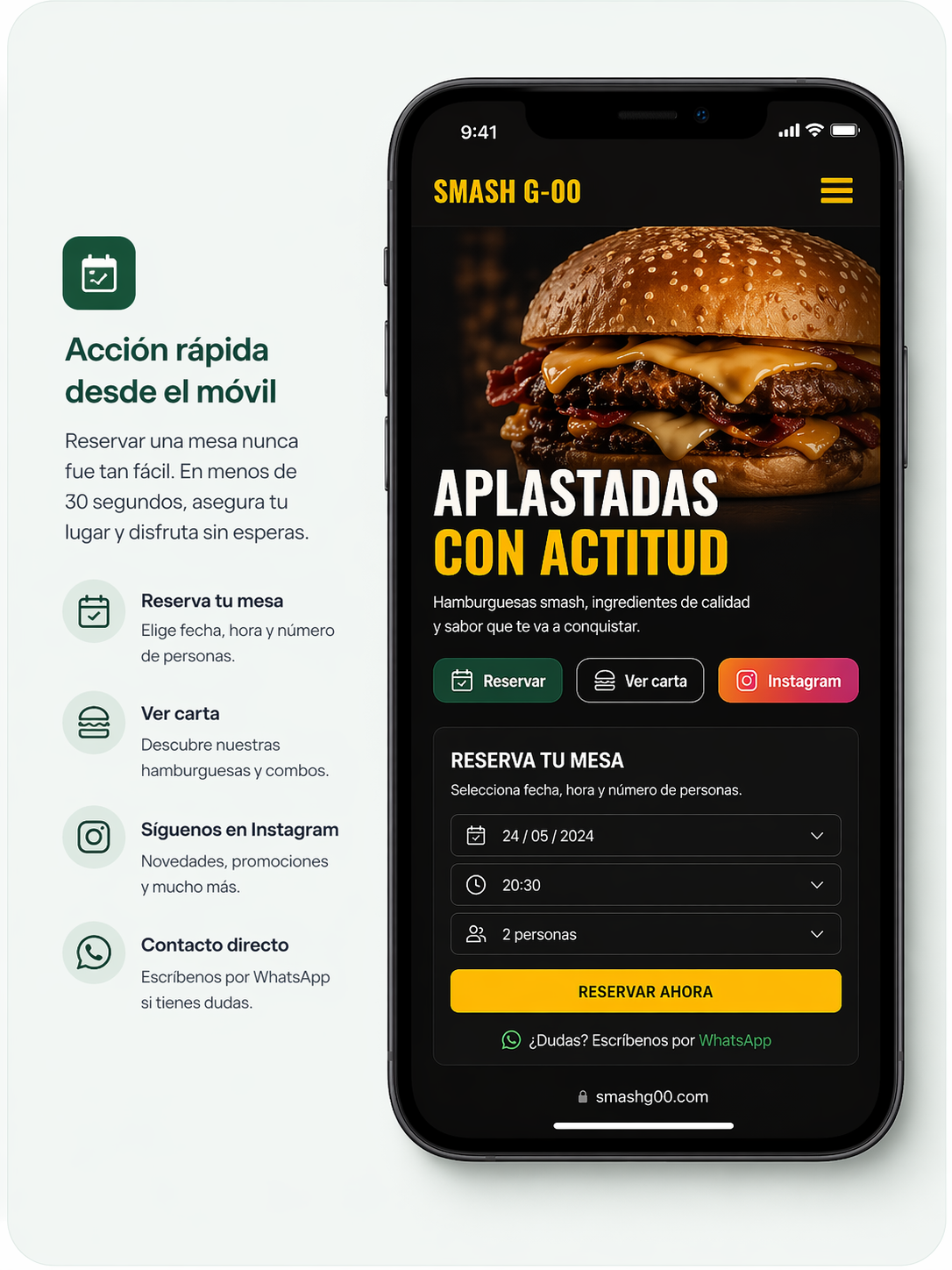 Vista móvil con acción rápida de reserva para Smash District